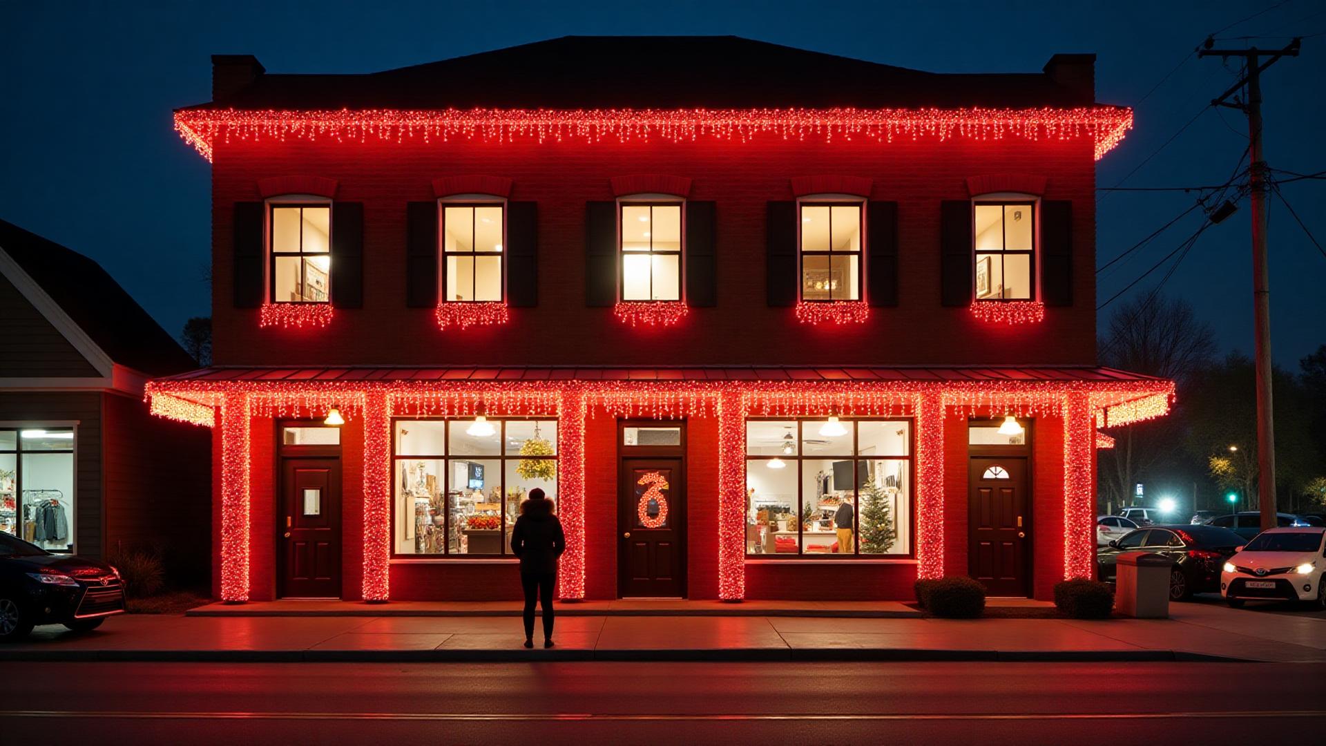 Commercial Christmas light installation display with holiday lighting around a storefront from our Front Range portfolio