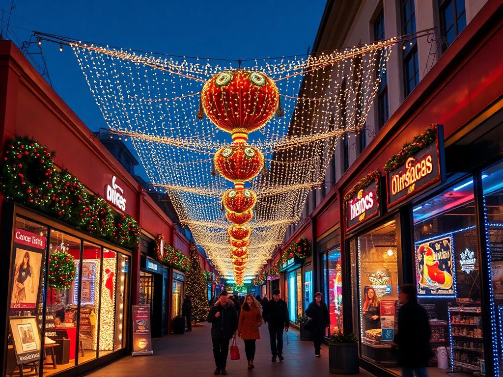 Shopping center holiday lighting display for commercial Christmas light installation from our Front Range portfolio